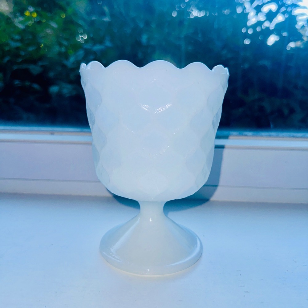 Vintage Milk Glass Pedestal Vase Scalloped Rim Diamond Point Quilted White